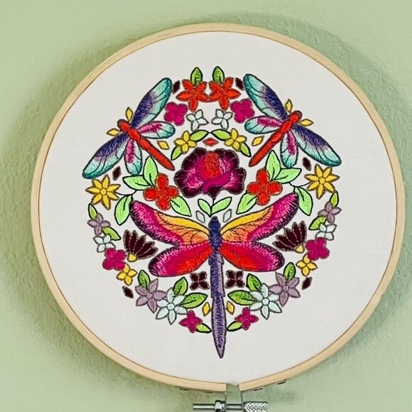 Dragonfly Art Wall Hanging Embroidered Hoop Framed 8" Set of 2 Handmade New - Picture 4 of 11